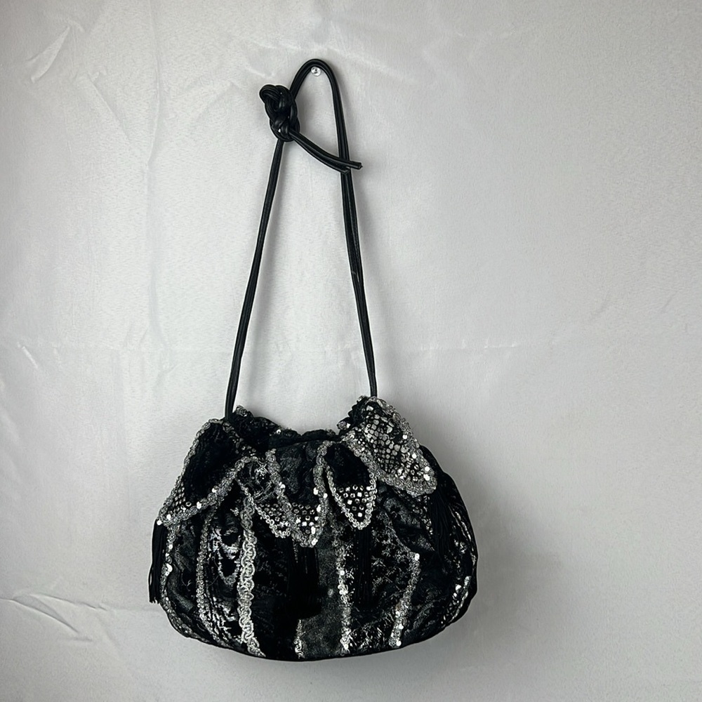 Rita Diana Mylinka Black Crystal Beaded Leather Drawstring Y2K Vintage Evening
